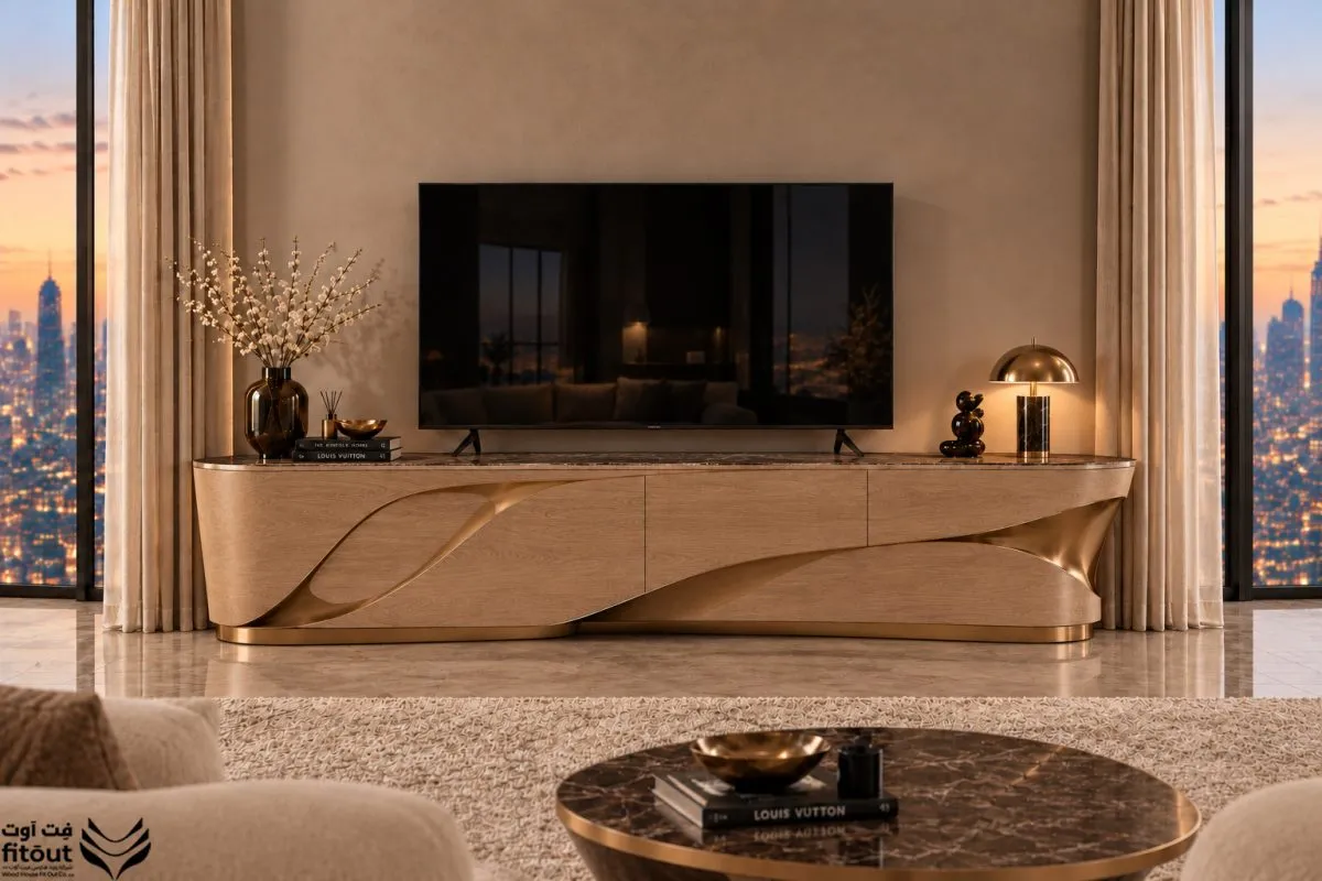 Wave TV Unit in Light Wood & Gold