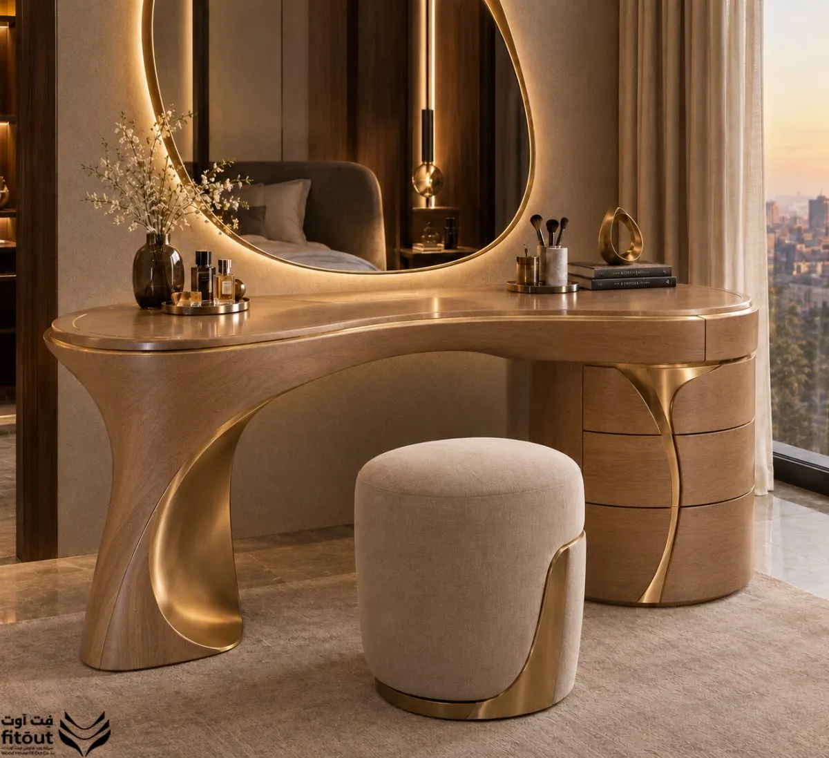 Curved Vanity Dresser with Lit Mirror & Stool